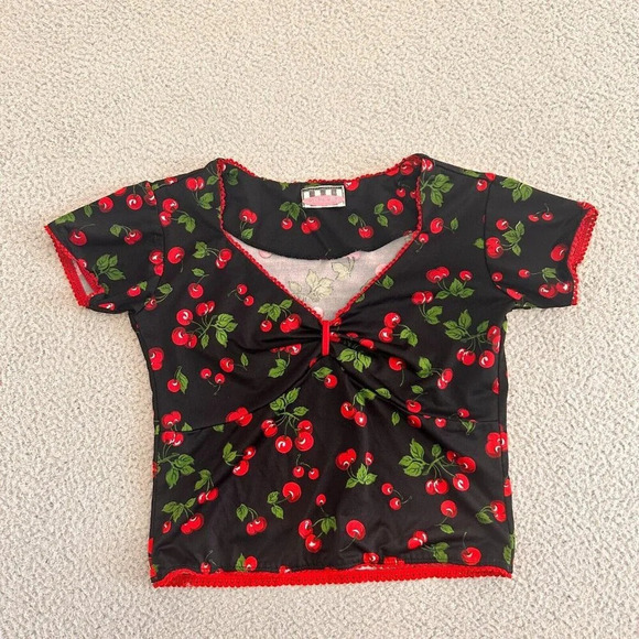 Pin Up Girl! Top Red Cherry Blouse Crop Bustier Retro Whimsical - Picture 15 of 15